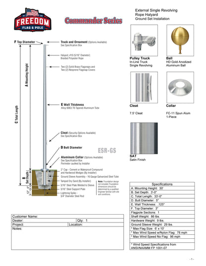 30' Commander Flagpole - 100% Made in USA